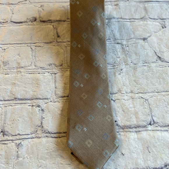 STRING-BEANS PLUS TAN/TAUPE ABSTRACT LIGHT BLUE SILK VINTAGE THINNER MENS TIE - Picture 6 of 7